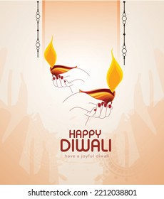 Happy Diwali, greeting card of Diwali festival with stylish beautiful oil lamp and Diwali elements