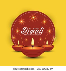 Happy Diwali greeting card festival background with fireworks and lamp