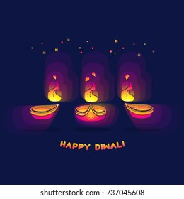 Happy Diwali greeting card. The festival of lights. Vector illustration. Diwali lamps bright colorful sign isolated on dark blue background. Abstract Indian oil lamp for your design. 