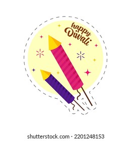 Happy Diwali Greeting Card With Fireworks Rockets On Yellow And White Backgrround.