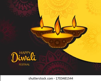 Happy Diwali greeting card gold and black color concept. India festival of lights holiday invitations template, banner, card, postcard. Vector illustration.