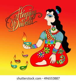 Happy Diwali greeting card with hand written inscription to indian light community festival, vector illustration