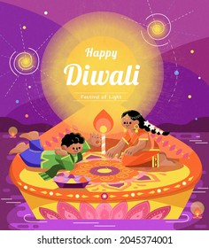 Happy Diwali Greeting Card. Illustration Of Indian Children Drawing Rangoli On Large Diya Oil Lamp Floating On River.