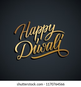 Happy Diwali greeting card for India festival of lights with gold colored hand drawn lettering greetings. Vector illustration.