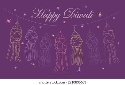 Happy Diwali greeting card with lanterns and stars. Outline vector illustration banner for indian religious festival.
