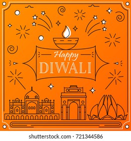 Happy Diwali greeting card in linear style with Indian buildings; fireworks; petards; candle, vector illustration. Thin line style design for celebration