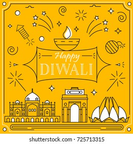 Happy diwali  greeting card in linear style with fireworks and petards, famous buildins,  indian festival celebration background