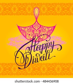 Happy Diwali greeting card with paisley ornamental candle and hand written inscription to indian  fire  community festival, vector illustration