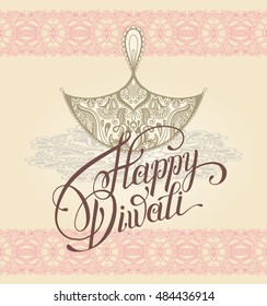 Happy Diwali greeting card with paisley ornamental candle and hand written inscription to indian light community festival, vector illustration