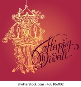 Happy Diwali greeting card with paisley ornamental candle and hand written inscription to indian light community festival, vector illustration