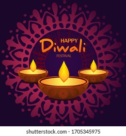 Happy Diwali greeting card pink purple and black color concept. India festival of lights holiday invitations template, banner, card, postcard. Vector illustration.