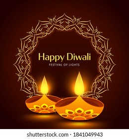 Happy Diwali Greeting Card Or Poster Design with Illuminated Oil Lamps (Diya) on Brown Background.