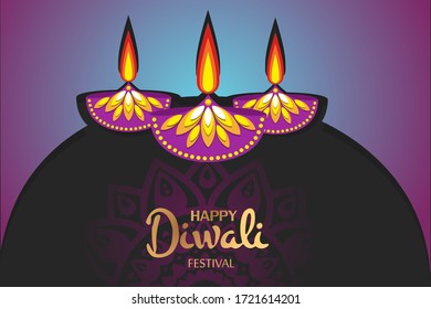 Happy Diwali greeting card purple and black color concept with colorful lamp. India festival of lights holiday invitations template, banner, card, postcard. Vector illustration.