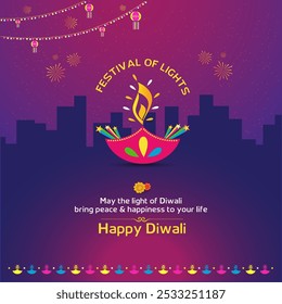 Happy Diwali Greeting Card. Social Media Wishes Design Template Vector.