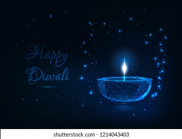 Happy Diwali greeting card template with glowing low polygonal festival lights lamp, stars and text. Futuristic wireframe design vector illustration. 