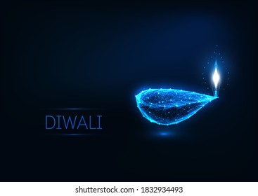 Happy Diwali greeting card template with glowing low polygonal festival lights lamp, stars and text. Futuristic wireframe design vector illustration.