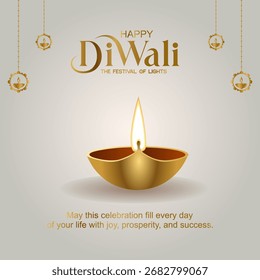 Happy Diwali greeting card vector illustration featuring a 3D golden diya, hanging decorative lamps, and festive prosperity wishes on a clean light background.