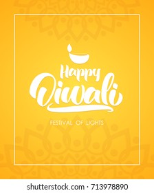 Happy Diwali. Greeting card wit hand lettering, Indian ornament and lamp