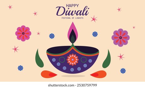 Tarjetas de felicitación de Diwali feliz, con un diseño festivo y colorido. Las ilustraciones deben incorporar diyas (lámparas de aceite), flores y otros símbolos tradicionales de Diwali.