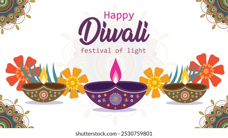 Happy Diwali greeting cards, featuring a festive and colorful design. The illustrations should incorporate diyas (oil lamps), flowers, and other traditional Diwali symbols.
