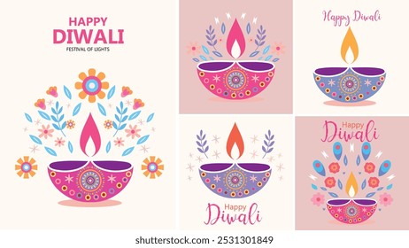 Tarjetas de felicitación de Diwali feliz, con un diseño moderno y colorido. Las ilustraciones deben incorporar diyas, lámparas de aceite, manos sosteniendo velas y Formas abstractas en tonos vibrantes.