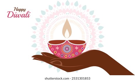 Tarjetas de felicitación de Diwali feliz, con un diseño moderno y colorido. Las ilustraciones deben incorporar diyas, lámparas de aceite, manos sosteniendo velas y Formas abstractas en tonos vibrantes.