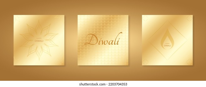 Happy Diwali greeting cards set. India festival of lights invitations templates with flower, texture, fire. Soft beige and gold luxury colors.