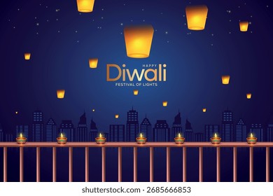 Happy Diwali greeting design with oil lamps lit on a balcony railing with floating lantern in the night sky background. Indian hindu festival concept for poster, banner. svg