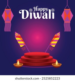 Feliz Diwali Saudação com Foguetes, Diyas e Lanternas em um fundo noite vibrante