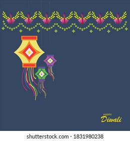 Happy Diwali greeting with hanging floral elements  and colorful lanterns on grayish blue background.