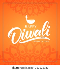 Happy Diwali. Greeting poster wit hand lettering, Indian ornament and lamp