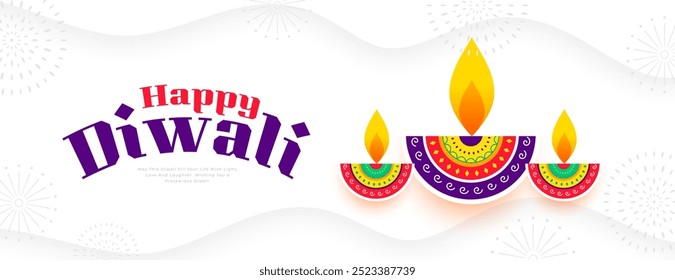 happy diwali greeting white banner with artistic diya design vector
