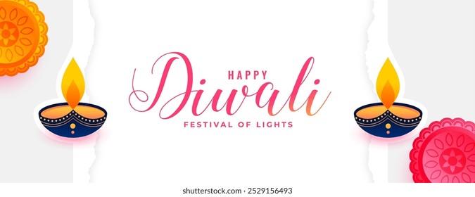 Feliz saludo de Diwali Anuncio blanco con Vector artístico DIYA