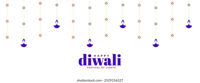 Feliz saludo de Diwali Anuncio blanco con colgando Vector de Diya