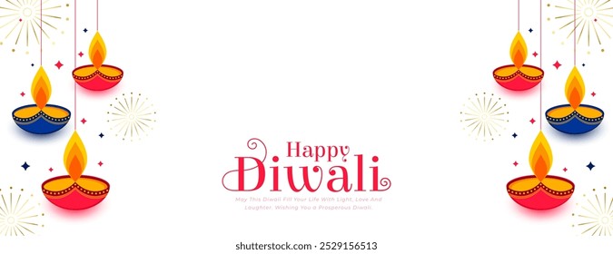 happy diwali greeting white wallpaper with hanging diya vector