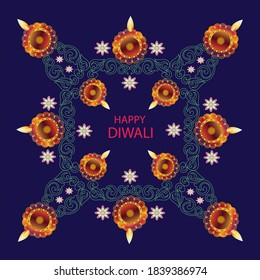 Happy Diwali greetings brown color earthen lamps on deep violet background