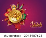 happy Diwali greetings. Diya decoration with crackers maroon background. vector illustration design