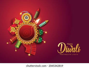 feliz saludo de Diwali. Decoración diya con petardos fondo marrón. diseño de ilustración vectorial