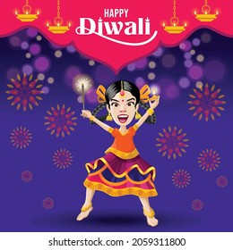 Happy Diwali greetings from excited girl celebrating with lamp and crackers