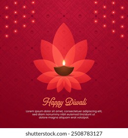 Saludos felices del Diwali con la lámpara de tierra fabulosa colocada en el loto maravilloso y el fondo decorativo y elegante cosido con estrellas