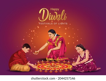 happy Diwali greetings. a family making diya decoration. vector illustration	