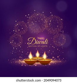 Happy diwali greetings festive background in violet color with fireworks and lamp