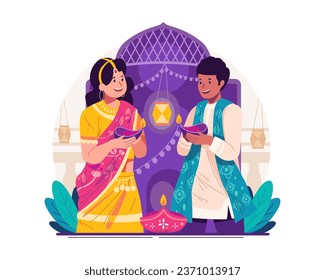 Happy Diwali Greetings. Indian Couple Holding Lit Oil Lamps or Diya. Hindu Traditional Festival of Lights