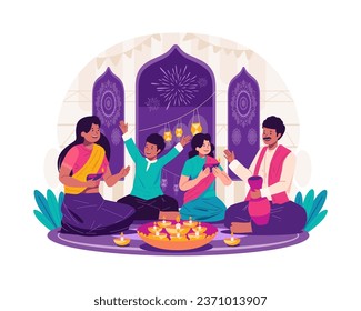 Happy Diwali Greetings. Indian Family Celebrate Diwali, the Traditional Hindu Festival of Lights