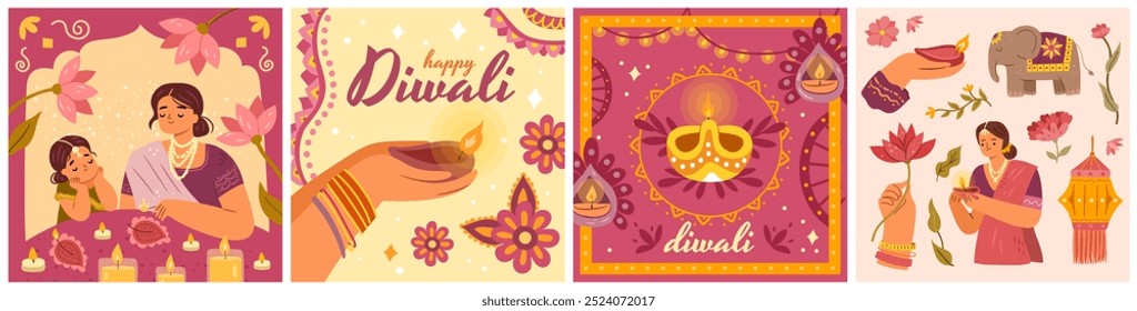 Happy Diwali greetings posters collection. Vector indian people in traditional clothing holding lit oil lamps and candles, decorating home with flowers and rangoli. Celebrating festival of lights