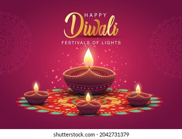 happy Diwali greetings. Rangoli decoration with Diya or lamp. vector illustration design