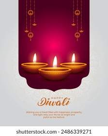 Feliz Diwali. Decoración Rangoli con Diya o lámpara. Diseño de Ilustración vectorial