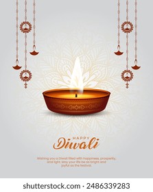 Happy Diwali Grüße. Rangoli Dekoration mit Diya oder Lampe. Vektorillustration Design