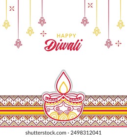 Happy Diwali greetings. Red and Yellow rangoli decoration with Diya. vector illustration