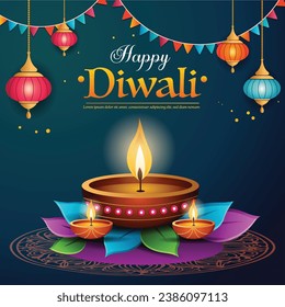 Happy Diwali greetings templates: Rangoli decoration with Diya or lamp, vector illustration design with 'Happy Diwali' text